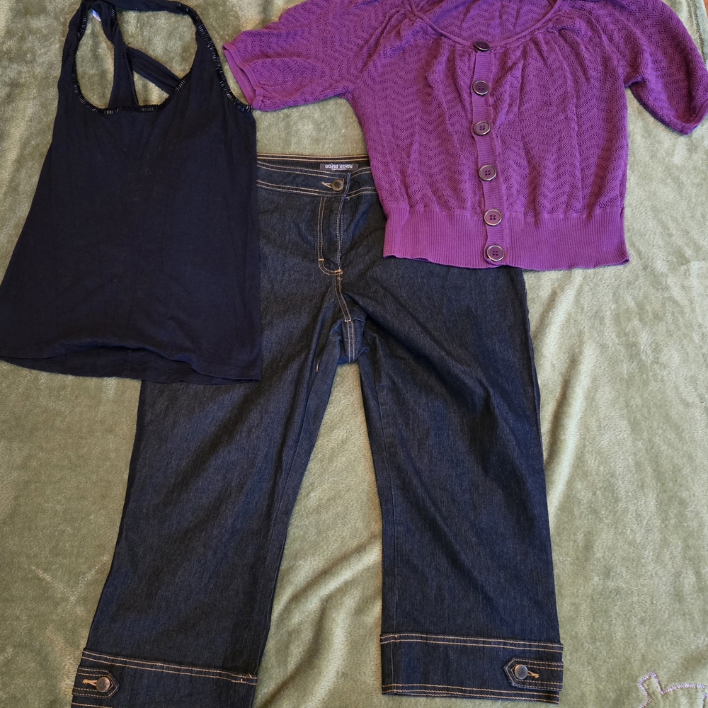 Purple Cardigan Style & Co, Bisou Bisou Jeans and Black Women's Top Bundle.